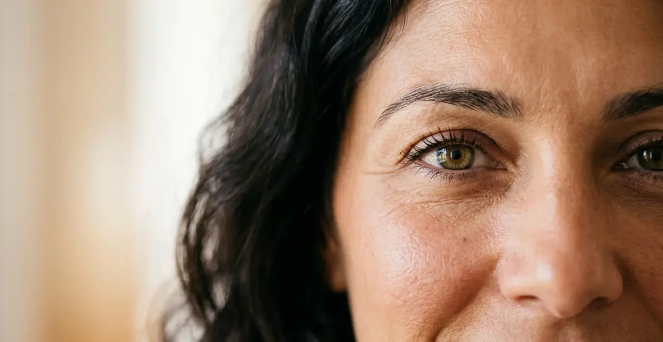 Primo piano dello sguardo di una donna con occhi luminosi e palpebre lisce che esprimono freschezza e vitalità