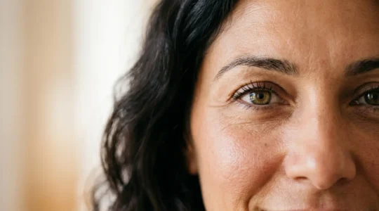 Primo piano dello sguardo di una donna con occhi luminosi e palpebre lisce che esprimono freschezza e vitalità