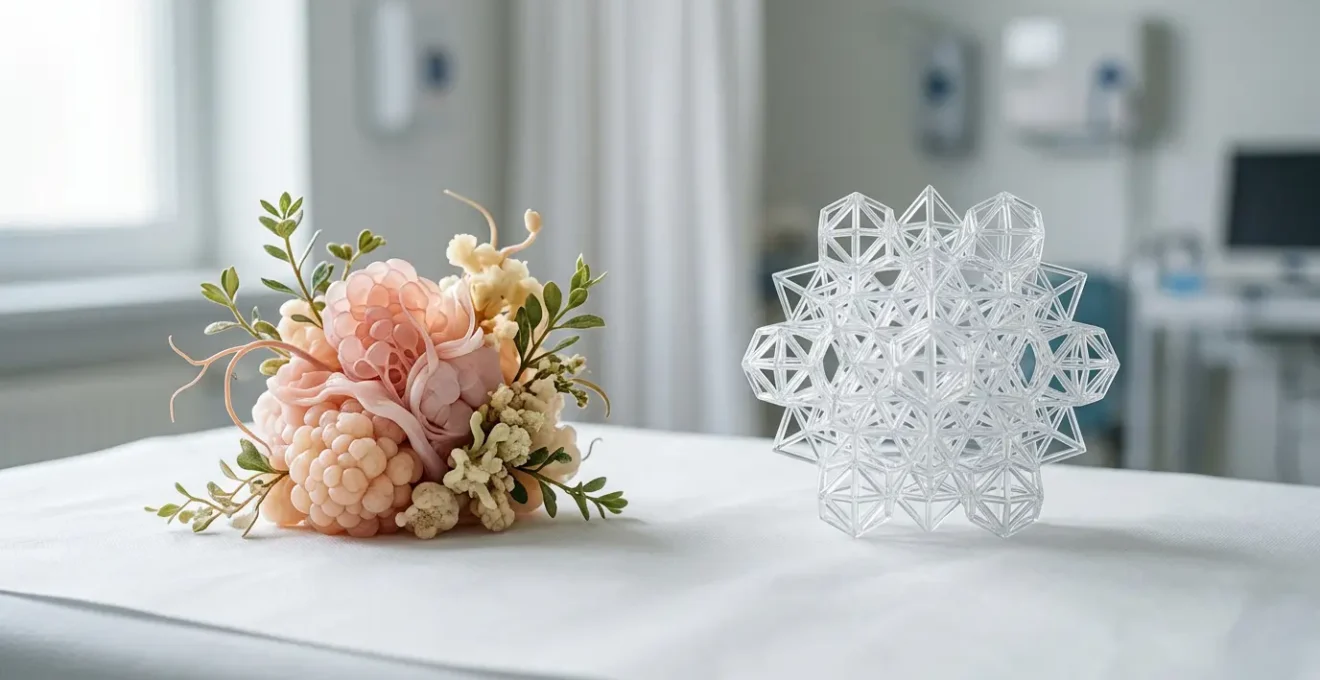 Concetto di scelta medica sicura per aumento del seno moderato con elementi naturali e scientifici