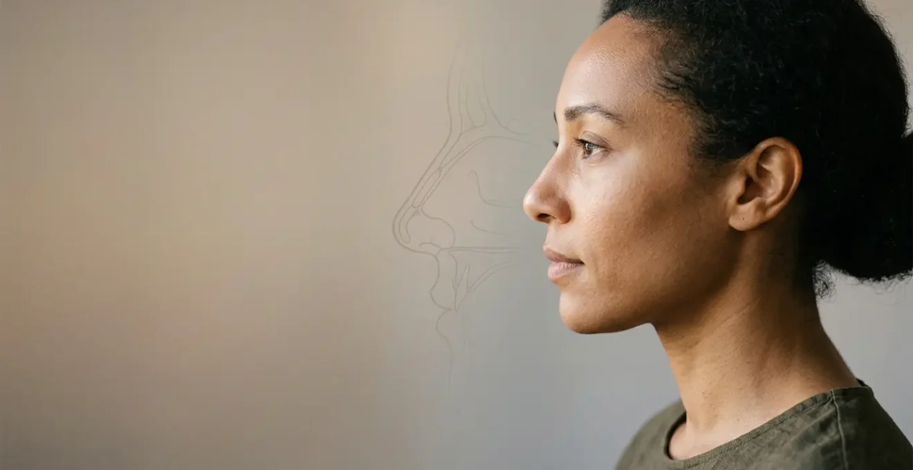 Profilo del viso che mostra le strutture nasali interne ed esterne con focus sulla funzionalità respiratoria