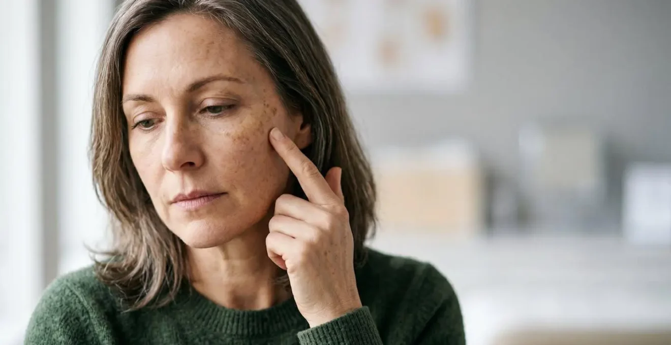 Primo piano del viso di una donna con macchie solari evidenti, illuminazione naturale per consulenza dermatologica
