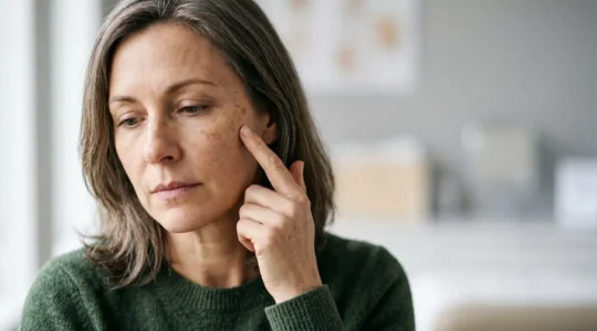 Primo piano del viso di una donna con macchie solari evidenti, illuminazione naturale per consulenza dermatologica