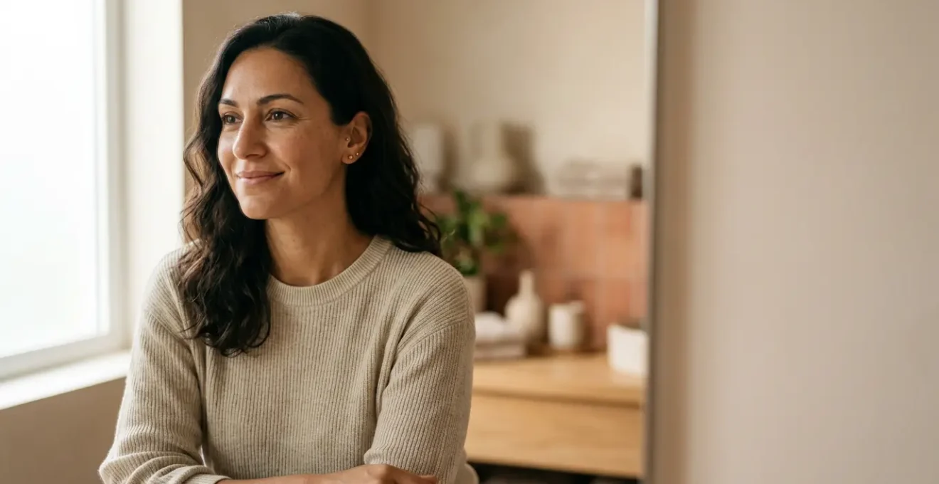 Donna con pelle radiosa che guarda con fiducia lo specchio, concetto di cura del melasma e gestione ormonale