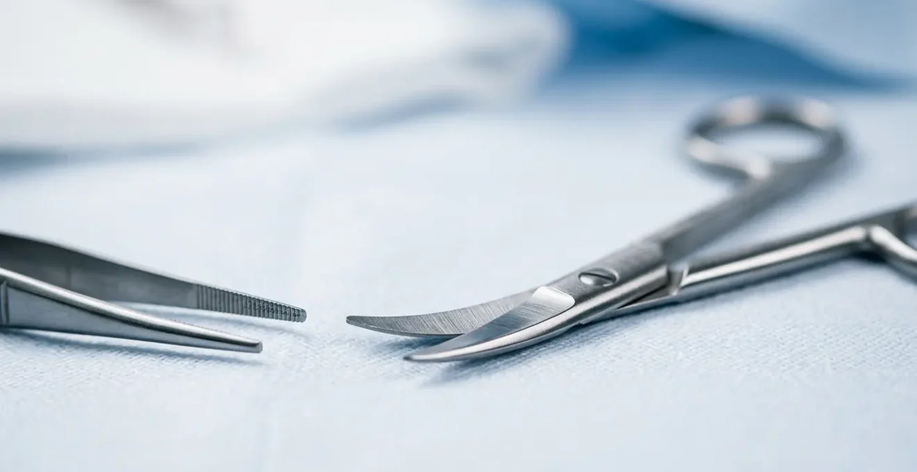 Dettaglio macro di strumenti microchirurgici di precisione durante un intervento estetico