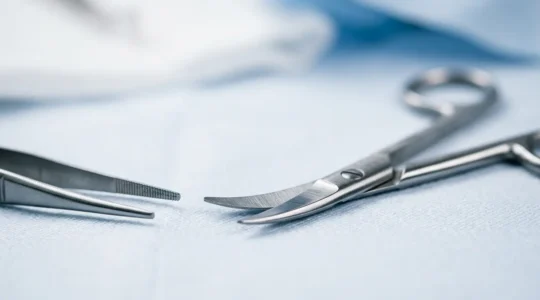 Dettaglio macro di strumenti microchirurgici di precisione durante un intervento estetico