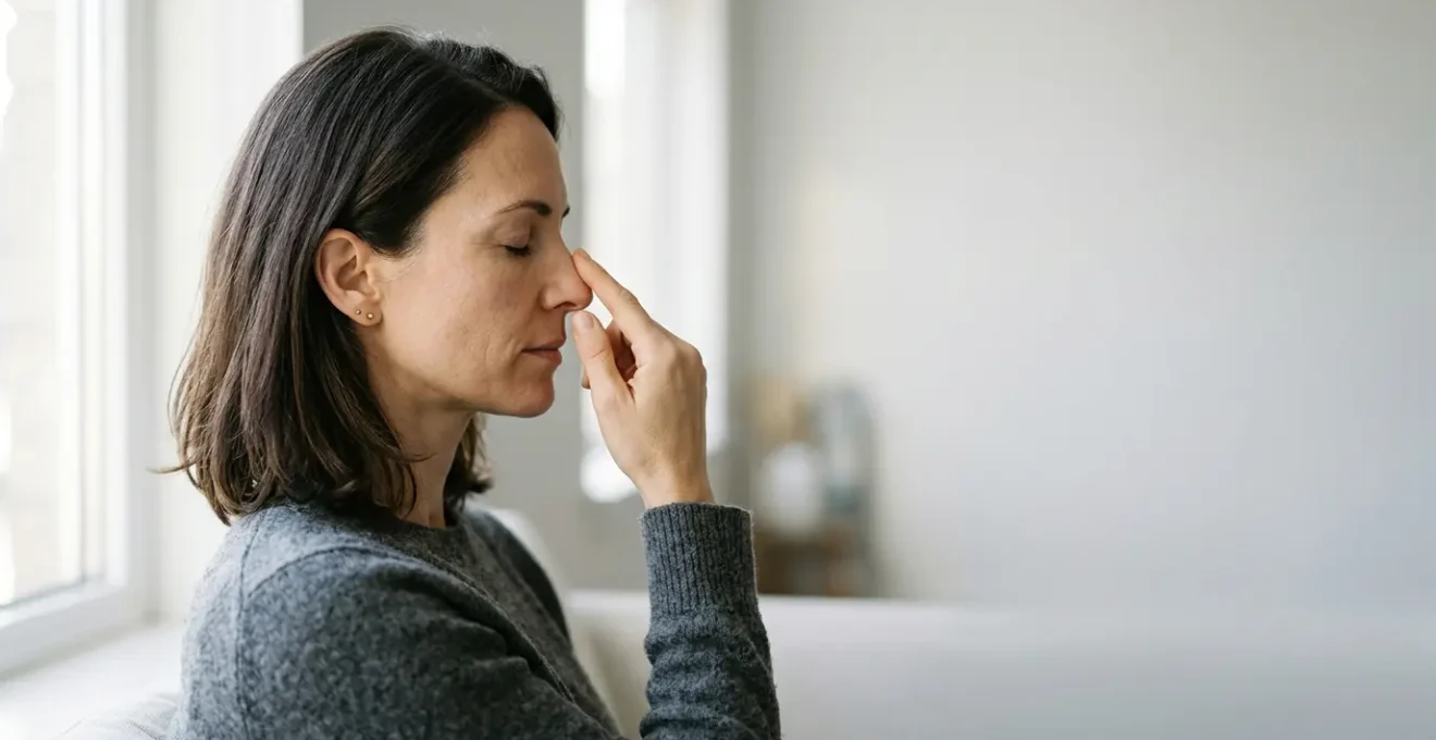 Profilo di una persona che respira con evidenza delle vie nasali e della struttura interna del naso in modo simbolico