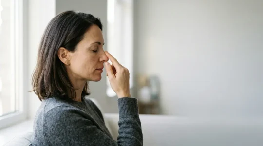 Profilo di una persona che respira con evidenza delle vie nasali e della struttura interna del naso in modo simbolico