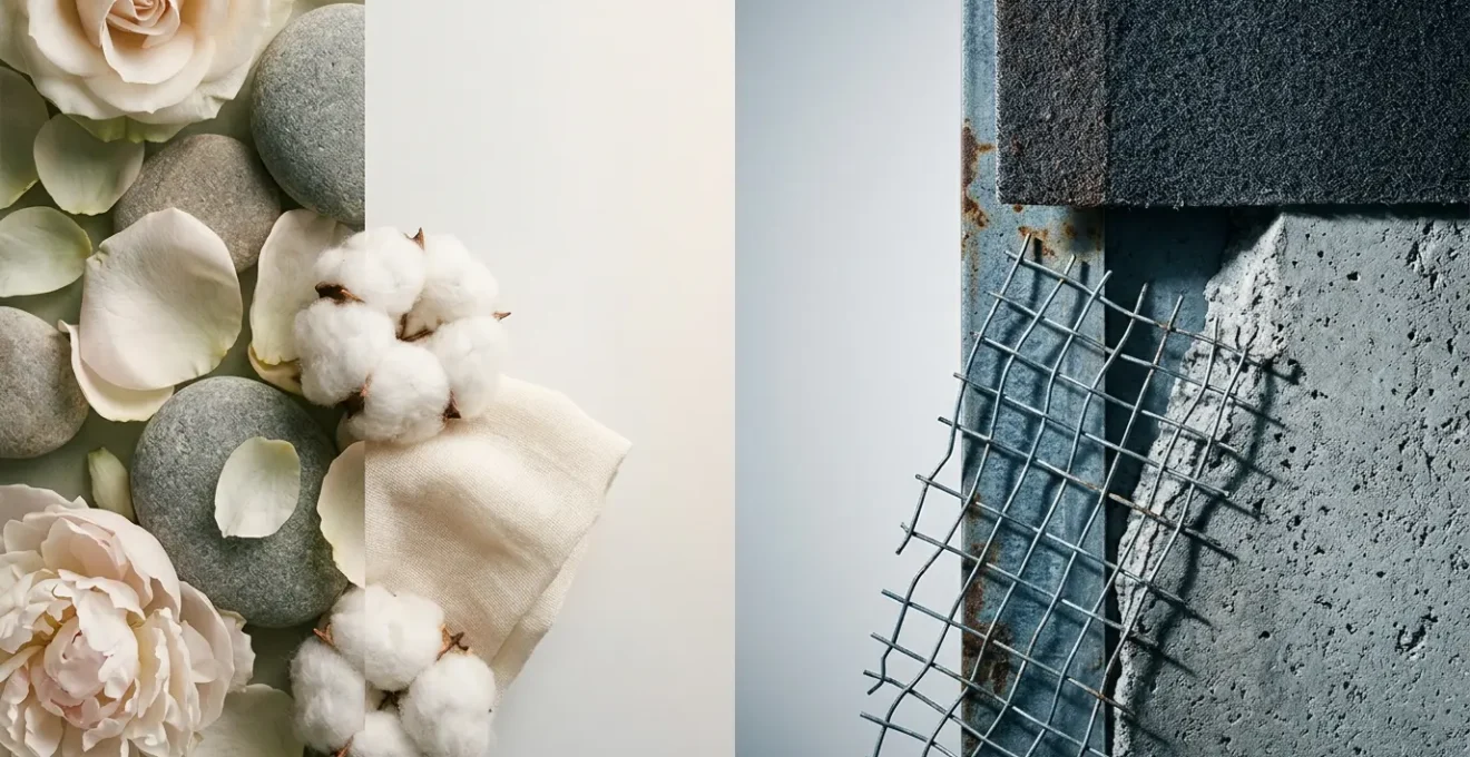 Confronto visivo tra ingredienti delicati e aggressivi nei detergenti per il viso, concetto di cura della pelle consapevole