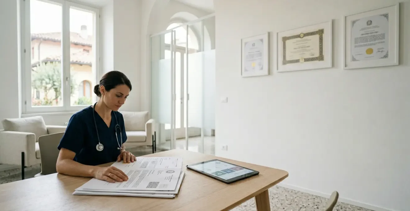 Professionale sanitario che consulta documenti ufficiali per verificare le credenziali mediche prima di un intervento di chirurgia plastica