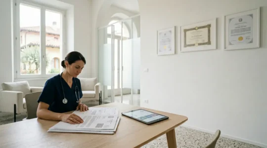 Professionale sanitario che consulta documenti ufficiali per verificare le credenziali mediche prima di un intervento di chirurgia plastica