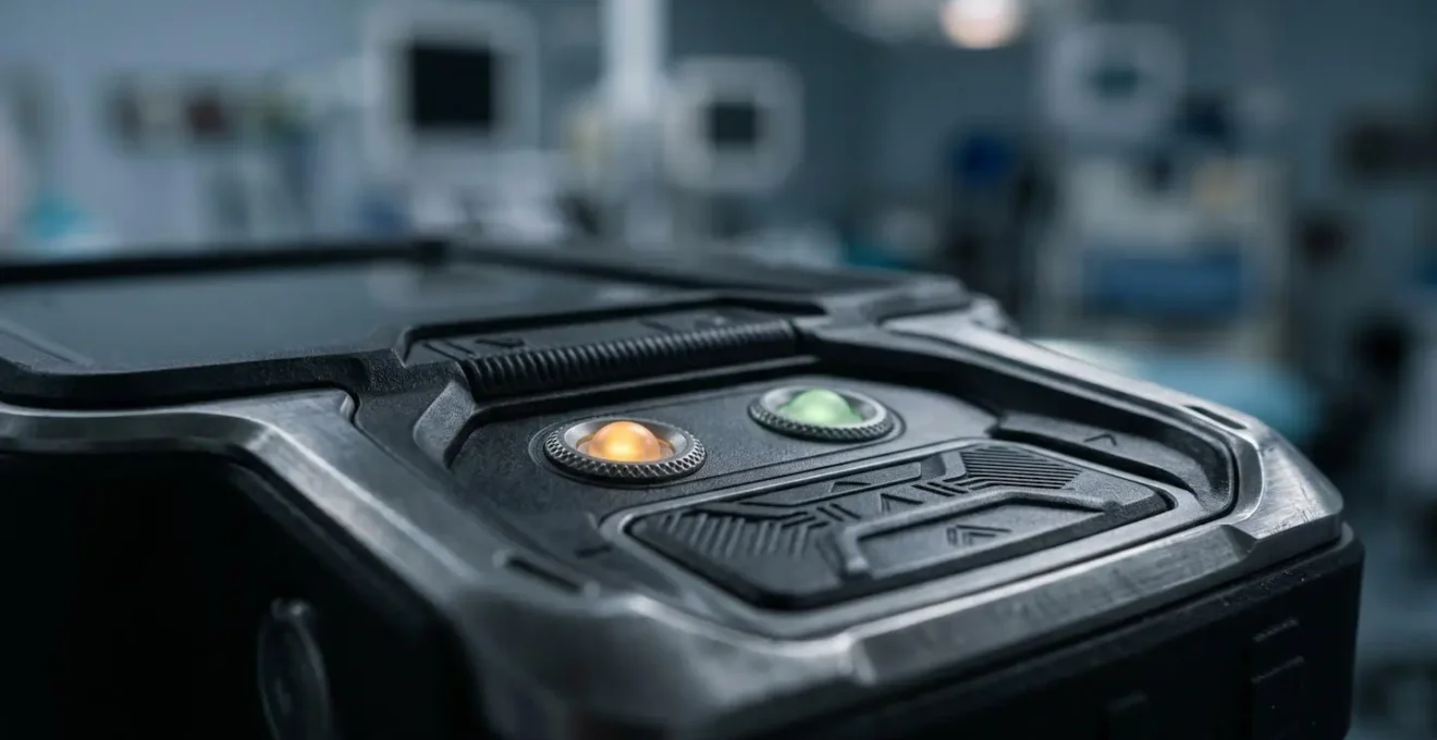 Dettaglio macro di strumentazione medica di monitoraggio parametri vitali con luci soffuse in sala operatoria