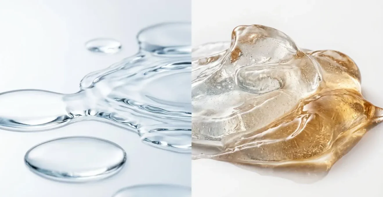 Comparazione visiva della consistenza dell'acido ialuronico non reticolato fluido rispetto al gel reticolato