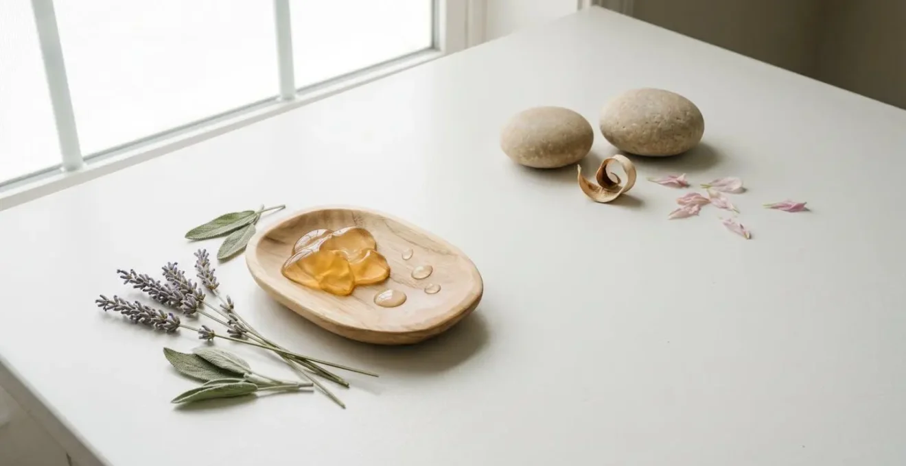 Composizione minimalista di elementi naturali che rappresentano fragranze e oli essenziali con approccio delicato