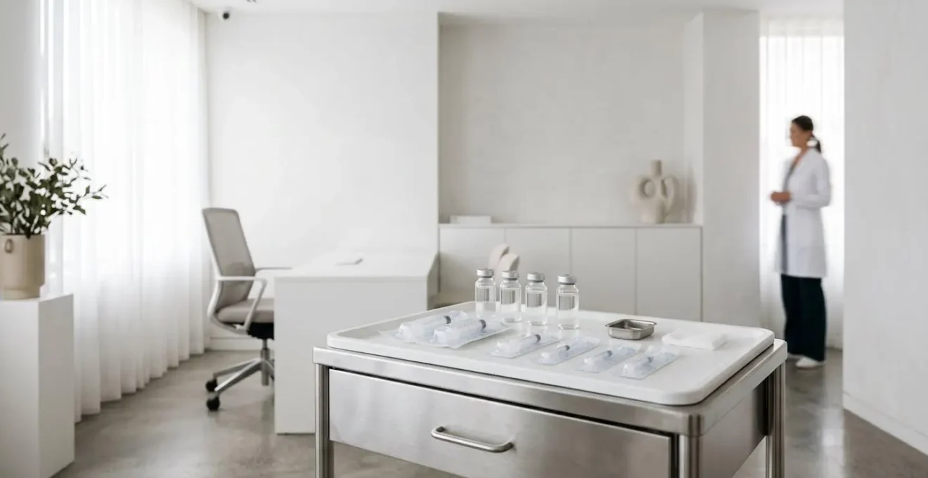 Ambiente clinico minimalista con strumenti medici sterili pronti per emergenza estetica