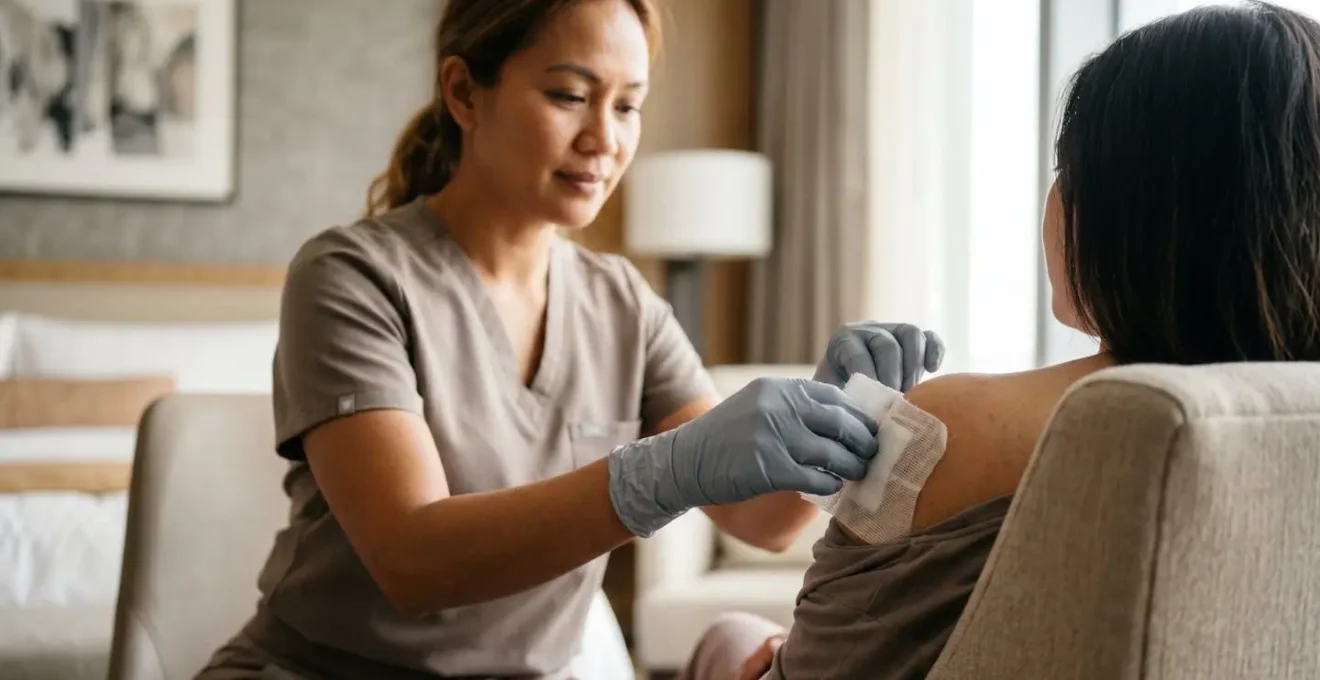 Infermiera professionale che effettua una medicazione post-operatoria in camera d'hotel con cura e attenzione