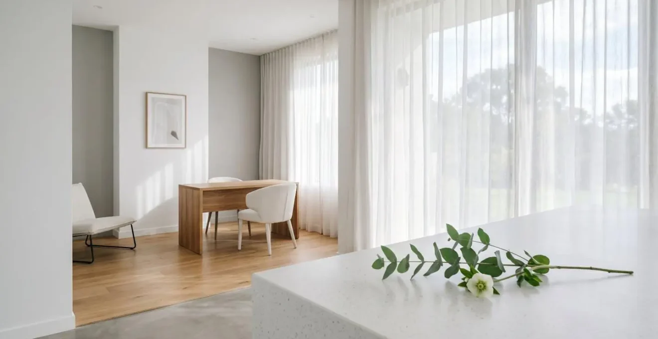 Ambiente minimalista che rappresenta il concetto di cura della pelle e fotoprotezione con luce naturale diffusa