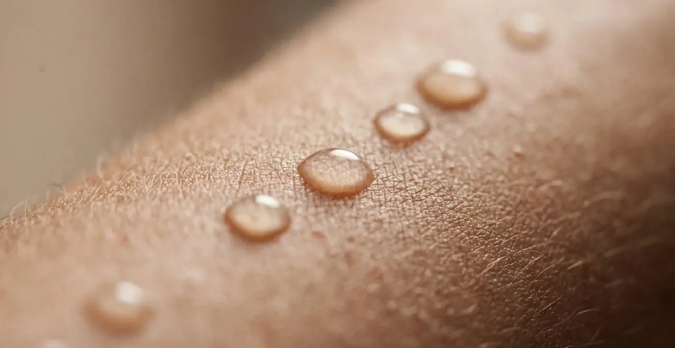 Dettaglio macro di texture cutanea in fase di rinnovamento, gocce di siero attivo su superficie della pelle