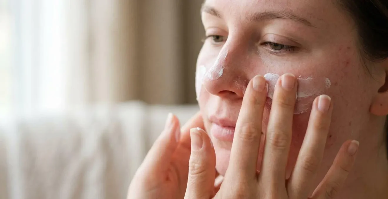 Applicazione di protezione solare minerale SPF 50+ su pelle sensibile dopo trattamento peeling