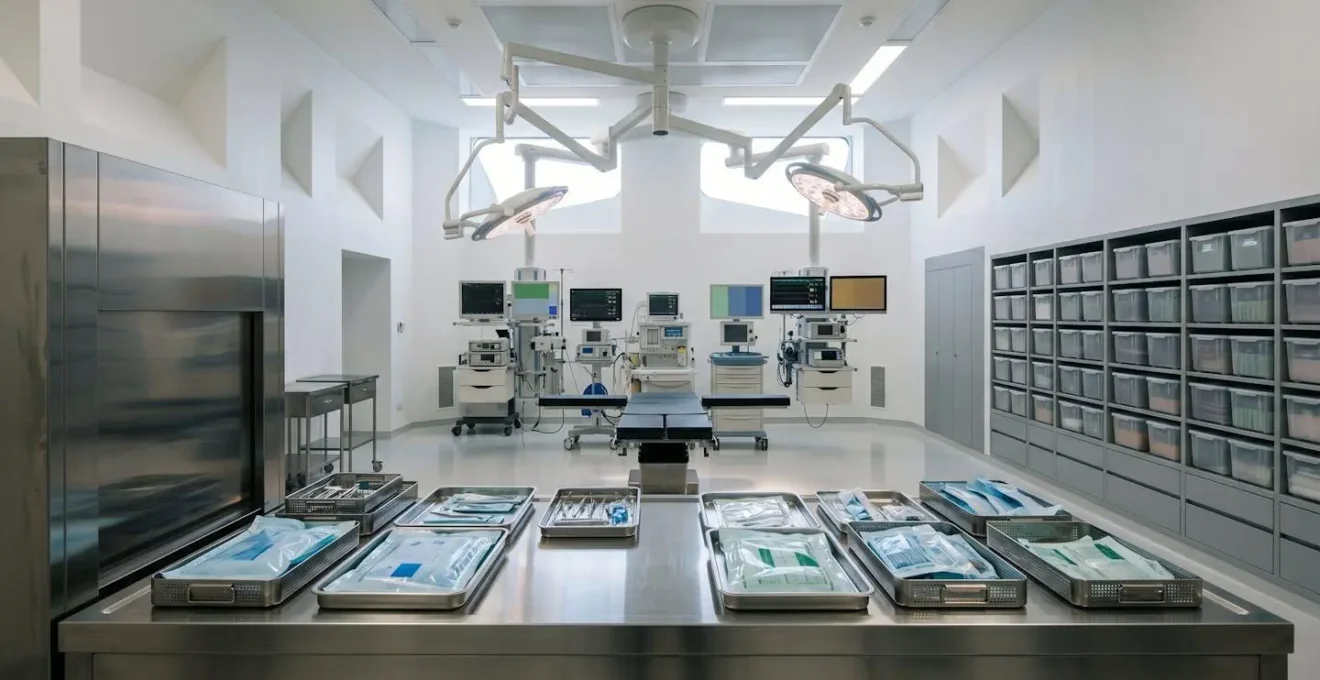Ambiente di sala operatoria moderna con attrezzature di sterilizzazione e monitoraggio per interventi di chirurgia plastica sicuri