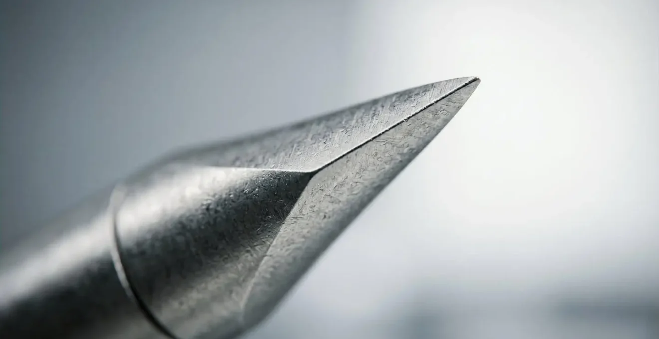 Dettaglio macro di strumento chirurgico a ultrasuoni con superficie metallica pulita e texture precisa