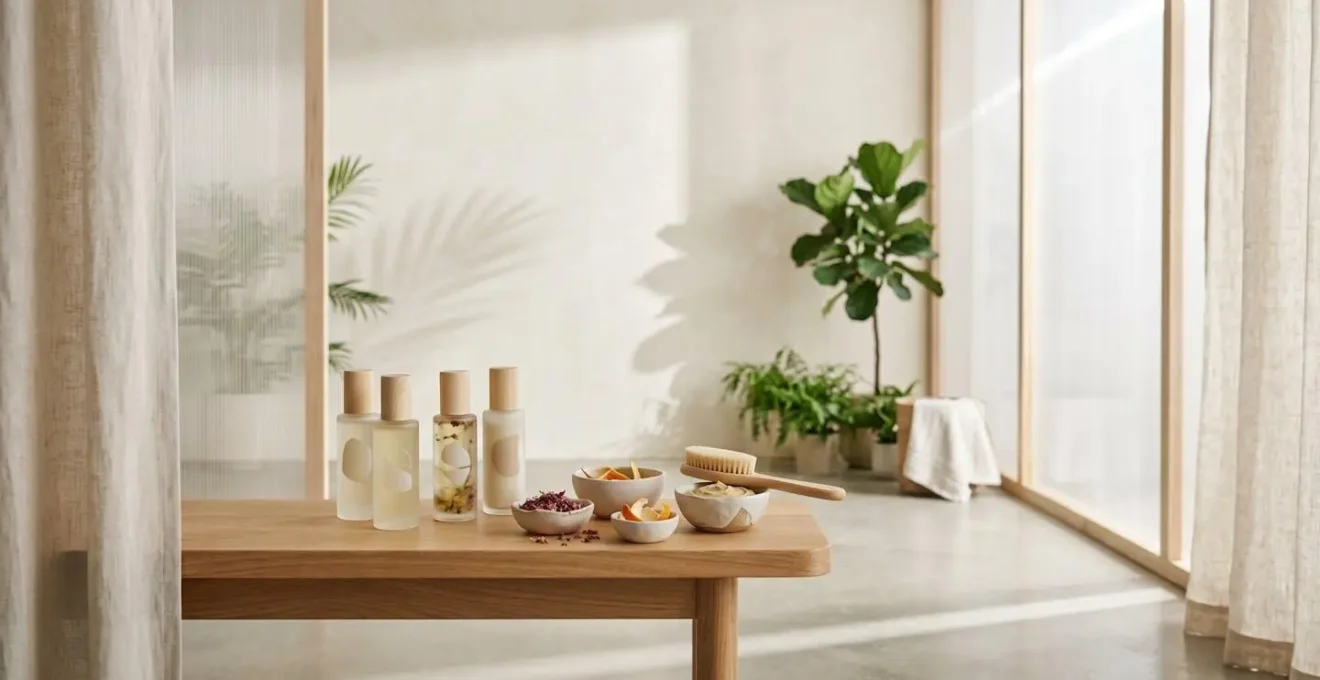 Composizione minimalista di ingredienti naturali per trattamenti schiarenti estivi sicuri, luce naturale e texture delicate